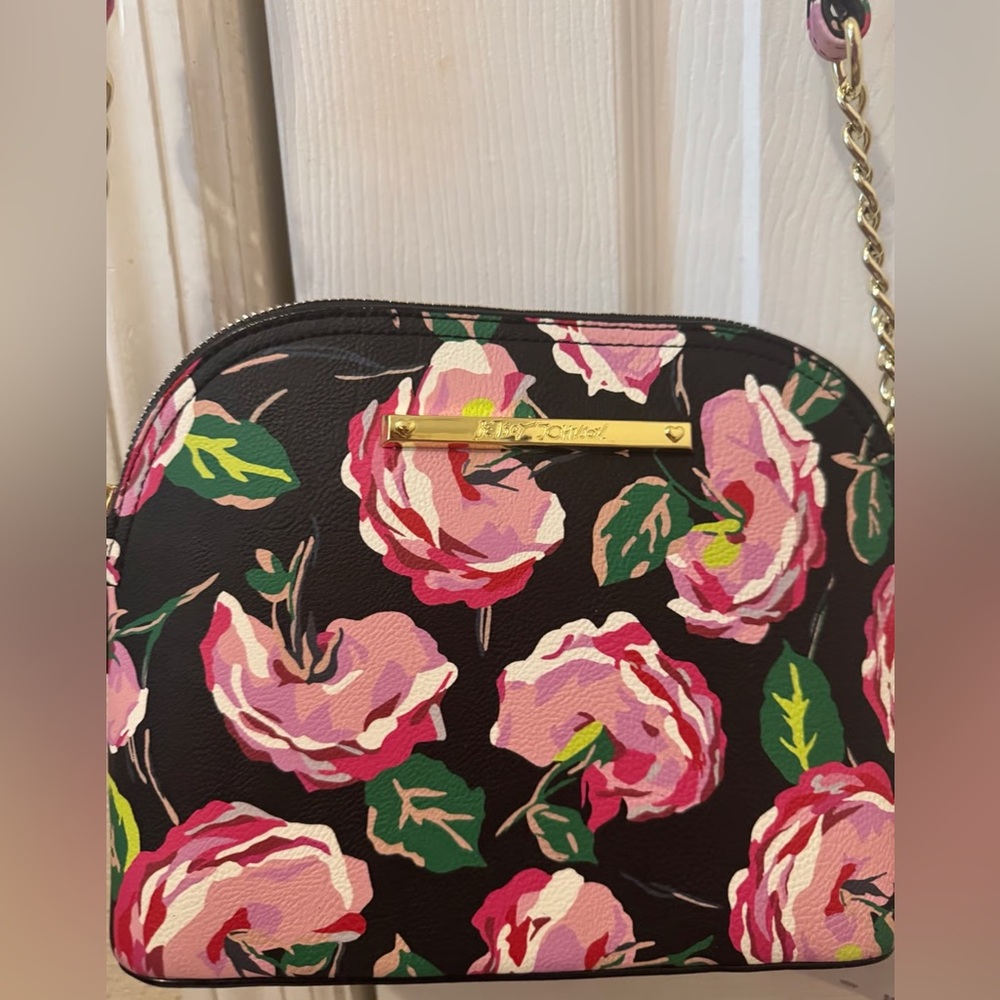 Betsey Johnson Pink Floral Black Crossbody Bag